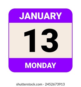 13 January, Monday. Date template. Useful design for calendar or event promotion. Vector illustration EPS 10 File. Isolated on white background. 