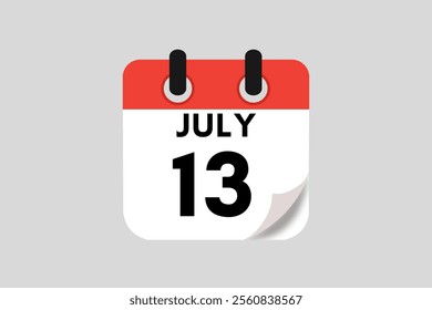 13 July calendar icon text page monthly web design on red, white, black and ash background vector, icon, or illustration with the month of July 13