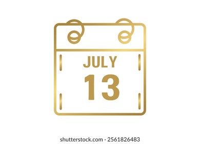 13 July calendar icon text page monthly web design on golden and white background vector, icon, or illustration with the month of July 13