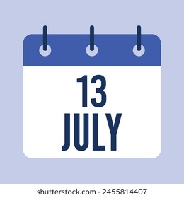 13 July Calendar, Isolated Vector Calendar.