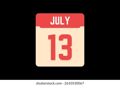 13 July icon text page monthly web design on coral, white, tangerine and black background vector, icon, or illustration with the month of July 13