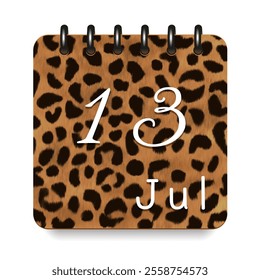 13 July. Leopard print calendar daily icon. White letters. Date day week Sunday, Monday, Tuesday, Wednesday, Thursday, Friday, Saturday.