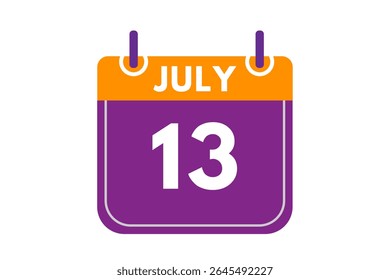 13 de julio Mes Vector de un solo día, ilustración, calendario con naranja, púrpura, ceniza y blanco Icono de calendario de fondo de color del 13 de julio