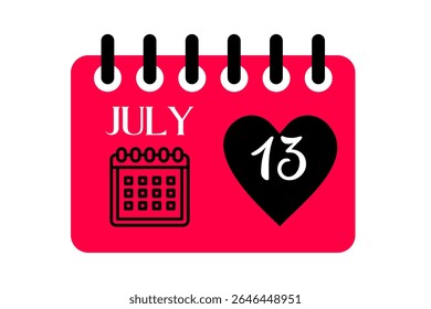 13 julho mês vetor dia único, ilustração, calendário com vermelho, preto e branco ícone de calendário de fundo de cor de julho 13