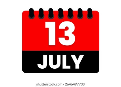 13 julho mês vetor dia único, ilustração, calendário com vermelho, preto e branco ícone de calendário de fundo de cor de julho 13