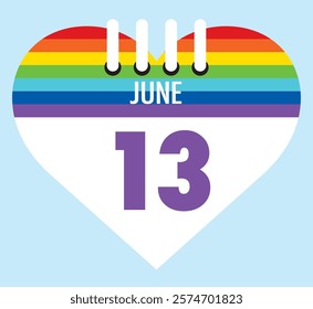 13 June calendar icon pride color heart shape on light sky blue color background, calendar vector symbol for the month of  June.