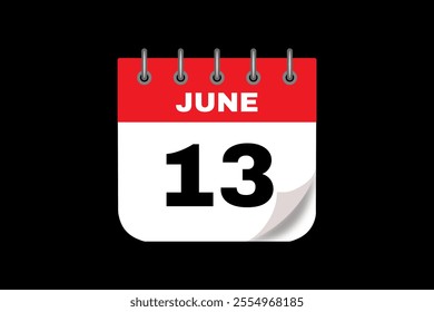 13 June calendar icon text page monthly web design on red, white and black background vector, icon, or illustration with the month of June 13