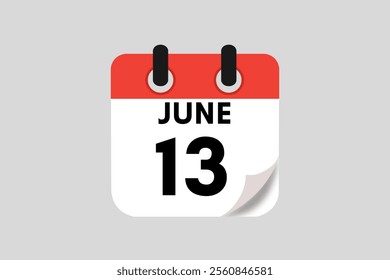 13 June calendar icon text page monthly web design on red, white, black and ash background vector, icon, or illustration with the month of June 13