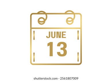 13 June calendar icon text page monthly web design on golden and white background vector, icon, or illustration with the month of June 13