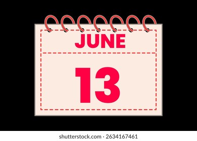 13 June calendar icon text page monthly web design on red, rose and black background vector, icon, or illustration with the month of June 13