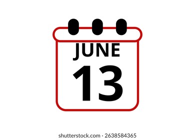 13 June calendar icon text page monthly web design on red, black and white background vector, icon, or illustration with the month of June 13
