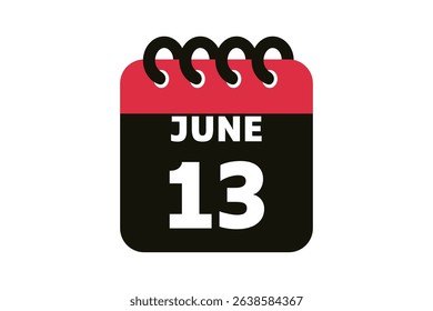 13 June calendar icon text page monthly web design on red, black and white background vector, icon, or illustration with the month of June 13