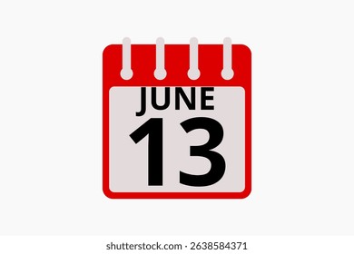 13 June calendar icon text page monthly web design on red, black and white background vector, icon, or illustration with the month of June 13