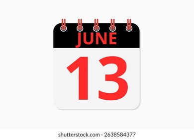13 June calendar icon text page monthly web design on red, black and white background vector, icon, or illustration with the month of June 13