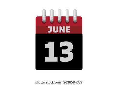 13 June calendar icon text page monthly web design on red, black and white background vector, icon, or illustration with the month of June 13