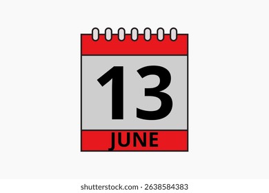 13 June calendar icon text page monthly web design on red, black and white background vector, icon, or illustration with the month of June 13