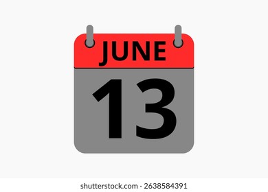 13 June calendar icon text page monthly web design on red, black and white background vector, icon, or illustration with the month of June 13