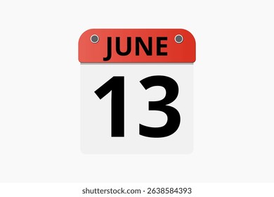 13 June calendar icon text page monthly web design on red, black and white background vector, icon, or illustration with the month of June 13