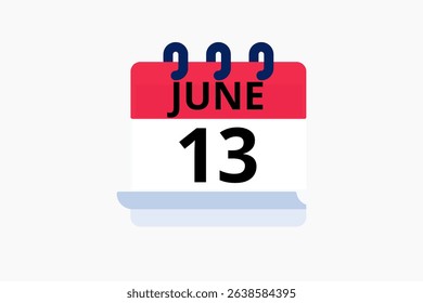 13 June calendar icon text page monthly web design on red, black and white background vector, icon, or illustration with the month of June 13