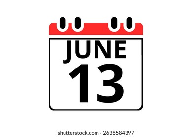 13 June calendar icon text page monthly web design on red, black and white background vector, icon, or illustration with the month of June 13