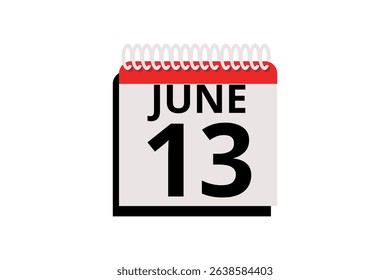 13 June calendar icon text page monthly web design on red, black and white background vector, icon, or illustration with the month of June 13