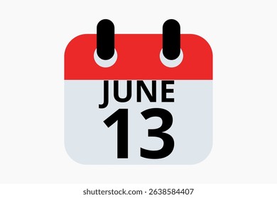 13 June calendar icon text page monthly web design on red, black and white background vector, icon, or illustration with the month of June 13
