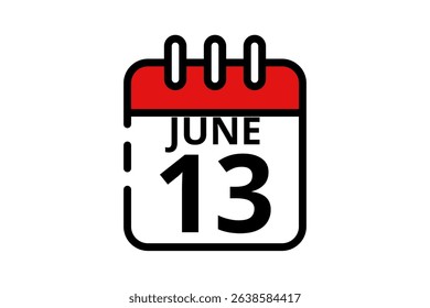 13 June calendar icon text page monthly web design on red, black and white background vector, icon, or illustration with the month of June 13