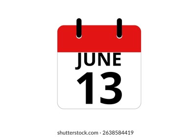 13 June calendar icon text page monthly web design on red, black and white background vector, icon, or illustration with the month of June 13