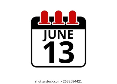 13 June calendar icon text page monthly web design on red, black and white background vector, icon, or illustration with the month of June 13
