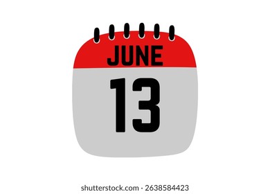 13 June calendar icon text page monthly web design on red, black and white background vector, icon, or illustration with the month of June 13