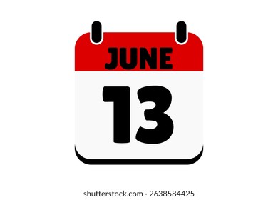 13 June calendar icon text page monthly web design on red, black and white background vector, icon, or illustration with the month of June 13