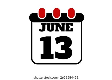 13 June calendar icon text page monthly web design on red, black and white background vector, icon, or illustration with the month of June 13