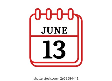 13 June calendar icon text page monthly web design on red, black and white background vector, icon, or illustration with the month of June 13
