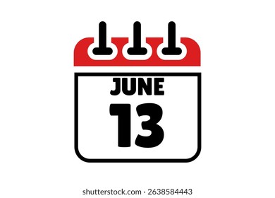 13 June calendar icon text page monthly web design on red, black and white background vector, icon, or illustration with the month of June 13