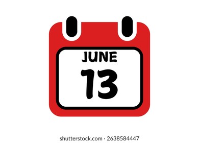 13 June calendar icon text page monthly web design on red, black and white background vector, icon, or illustration with the month of June 13