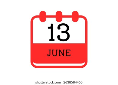 13 June calendar icon text page monthly web design on red, black and white background vector, icon, or illustration with the month of June 13