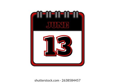 13 June calendar icon text page monthly web design on red, black and white background vector, icon, or illustration with the month of June 13