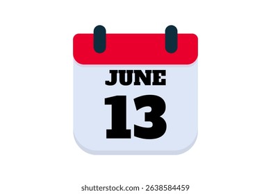 13 June calendar icon text page monthly web design on red, black and white background vector, icon, or illustration with the month of June 13