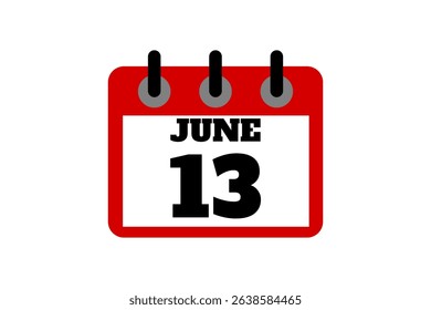 13 June calendar icon text page monthly web design on red, black and white background vector, icon, or illustration with the month of June 13