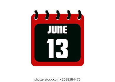 13 June calendar icon text page monthly web design on red, black and white background vector, icon, or illustration with the month of June 13