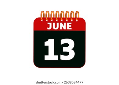 13 June calendar icon text page monthly web design on red, black and white background vector, icon, or illustration with the month of June 13