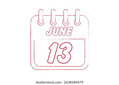 13 June calendar icon text page monthly web design on red, black and white background vector, icon, or illustration with the month of June 13