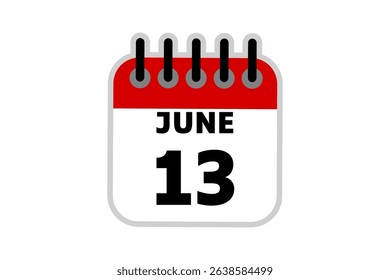 13 June calendar icon text page monthly web design on red, black and white background vector, icon, or illustration with the month of June 13