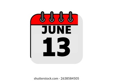 13 June calendar icon text page monthly web design on red, black and white background vector, icon, or illustration with the month of June 13