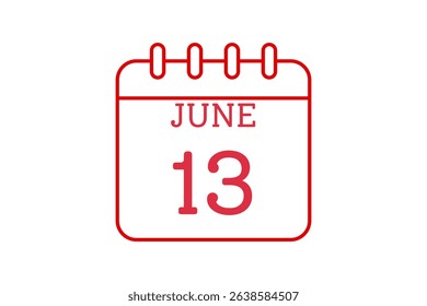 13 June calendar icon text page monthly web design on red, black and white background vector, icon, or illustration with the month of June 13