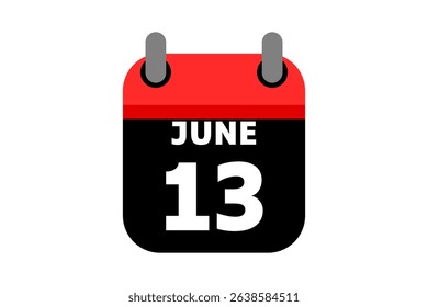 13 June calendar icon text page monthly web design on red, black and white background vector, icon, or illustration with the month of June 13