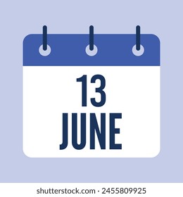 13 June Calendar, Isolated Vector Calendar.