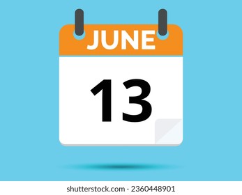 13. Juni. Flacher Icon-Kalender einzeln auf blauem Hintergrund. Vektorgrafik.