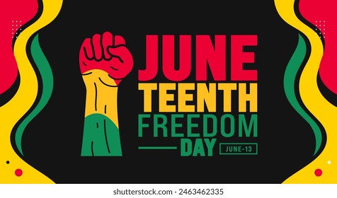 13 June is Juneteenth Freedom Day strong hand rising background template. Holiday concept. use to background, banner, placard, card, and poster design template.