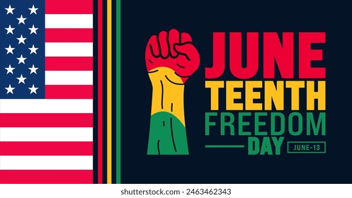 13 June is Juneteenth Freedom Day strong hand rising background template. Holiday concept. use to background, banner, placard, card, and poster design template.